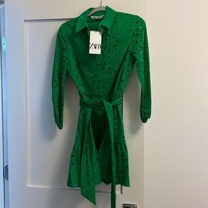 Green collared tie waist button up mini dress